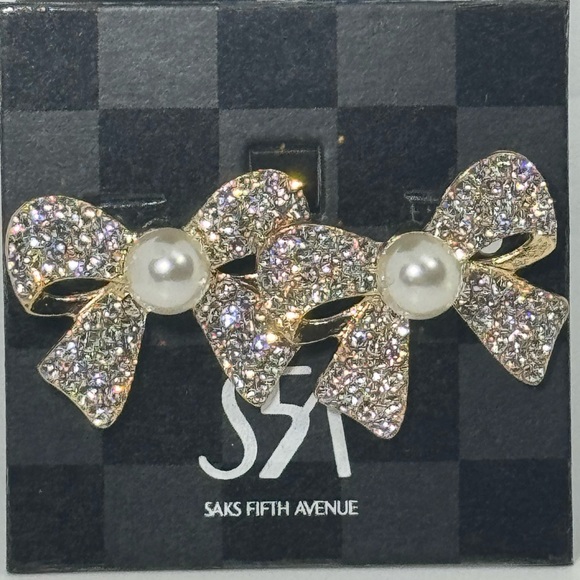 Saks Fifth Ave Gold Tone Crystal Bow with Faux Pearl Post - Picture 1 of 7